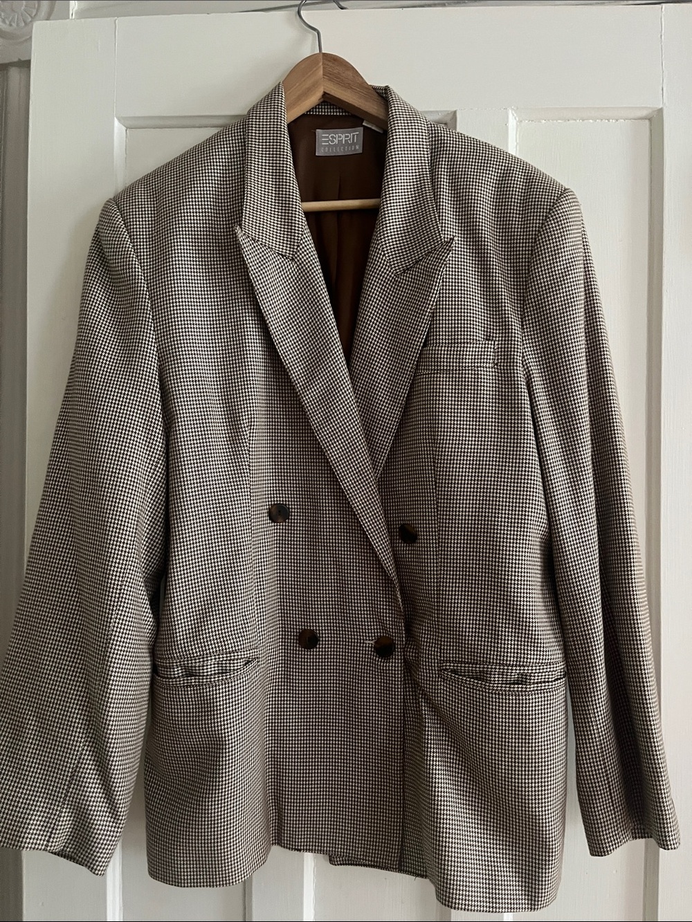 Esprit Double-Breasted Houndstooth Blazer in Brown and Cream